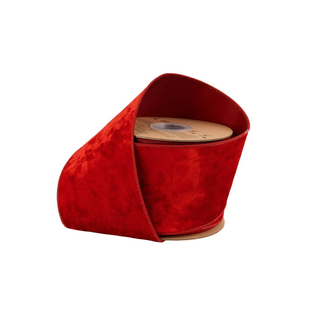 4" wired heritage velvet ribbon in vibrant red, ideal for holiday gift wrapping