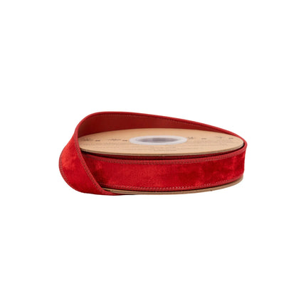 1" wired heritage velvet ribbon in vibrant red, perfect for holiday gift wrapping and decor accents.