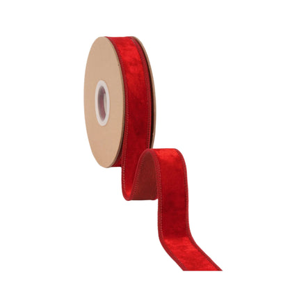 1-inch red heritage velvet ribbon with wired edges, ideal for wreaths and seasonal arrangements.