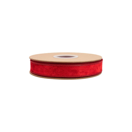 Luxurious red wired velvet ribbon, 1" wide, offering a rich, velvety finish for any festive project.
