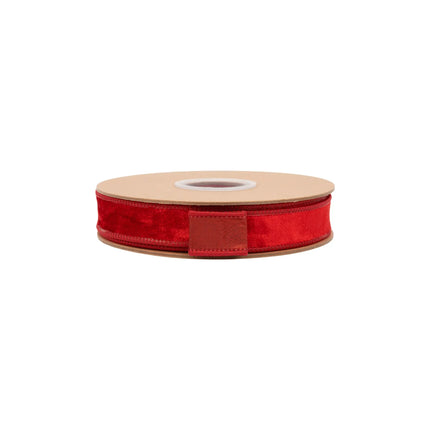 Premium red velvet wired ribbon, 1-inch width, with plush texture for structured bows and crafts.