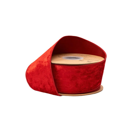 2 1/2" wired heritage velvet ribbon in vibrant red, ideal for holiday gift wrapping and festive decor accents.