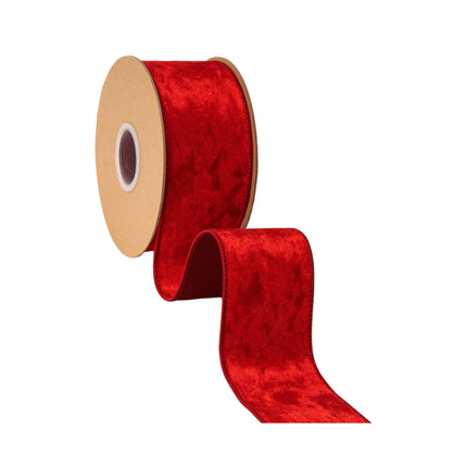 2 1/2" red heritage velvet ribbon with sturdy wired trim, great for adding vibrant warmth to gifts and decor.