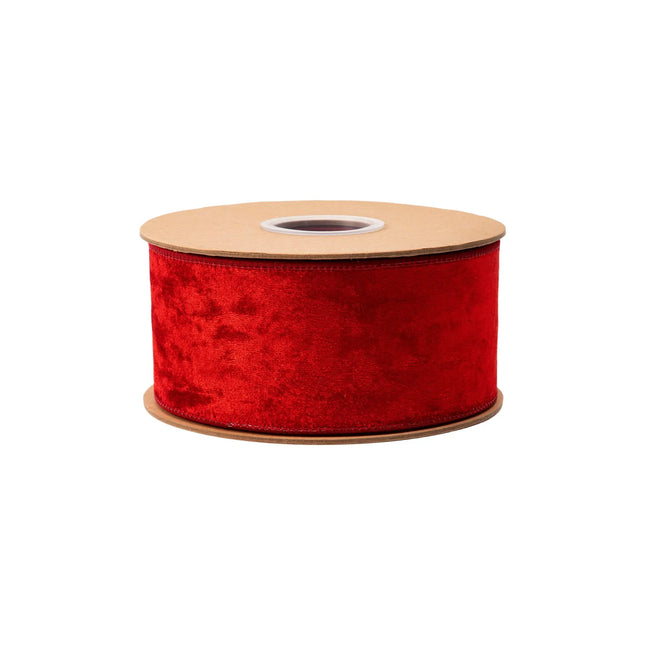 Premium red velvet wired ribbon, 2.5-inch width, with plush texture for structured bows and crafts.