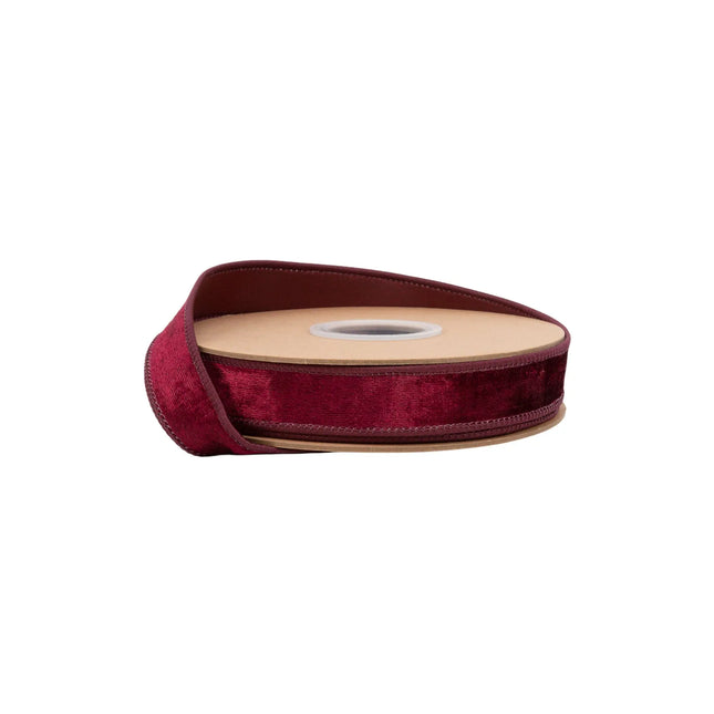 1" Wired Heritage Velvet Ribbon in rich burgundy, ideal for gift wrapping and elegant holiday decor.
