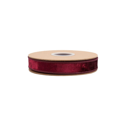 1-inch burgundy heritage velvet ribbon with wired edges, perfect for wreaths and seasonal accents.