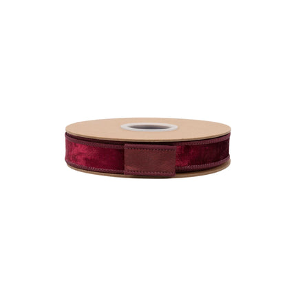 Premium burgundy velvet wired ribbon, 1-inch width, with plush texture for structured bows and crafts.