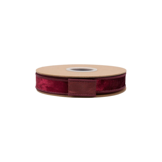 Premium burgundy velvet wired ribbon, 1-inch width, with plush texture for structured bows and crafts.
