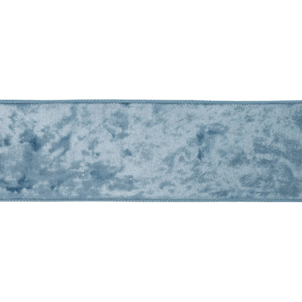 4" French blue heritage velvet ribbon with sturdy wired trim, great for adding soft cool-toned charm to gifts and decor.