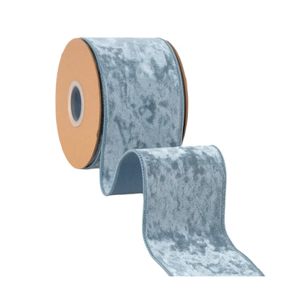 4-inch French blue heritage velvet ribbon with wired edges, perfect for seasonal decor.