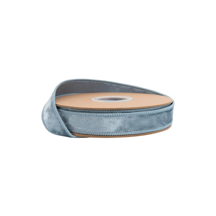 1" wired heritage velvet ribbon in soft French blue, perfect for elegant gift wrapping and timeless decor accents.