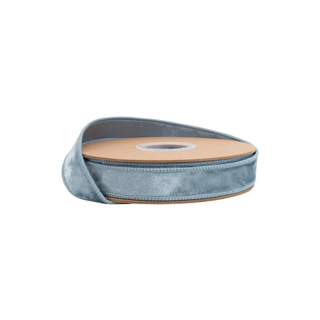 1" wired heritage velvet ribbon in soft French blue, perfect for elegant gift wrapping and timeless decor accents.