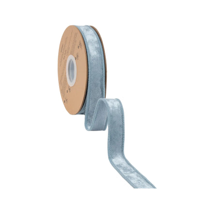 Luxurious French blue wired velvet ribbon, 1" wide, offering a plush vintage-inspired feel for seasonal projects.