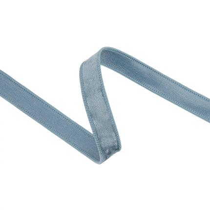 1" French blue heritage velvet ribbon with sturdy wired trim, great for adding soft texture to gifts and decor.