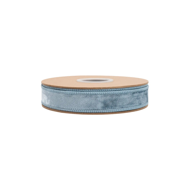 Premium French blue velvet wired ribbon, 1-inch width, featuring classic heritage texture for versatile crafting.