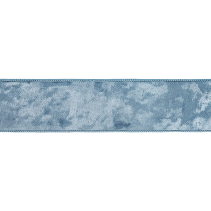 2 1/2" French blue heritage velvet ribbon with sturdy wired trim, great for adding soft, cool-toned charm to gifts and decor.