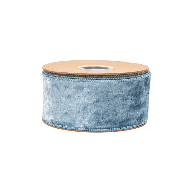Premium French blue velvet wired ribbon, 2.5-inch width, with plush texture for structured bows and crafts.