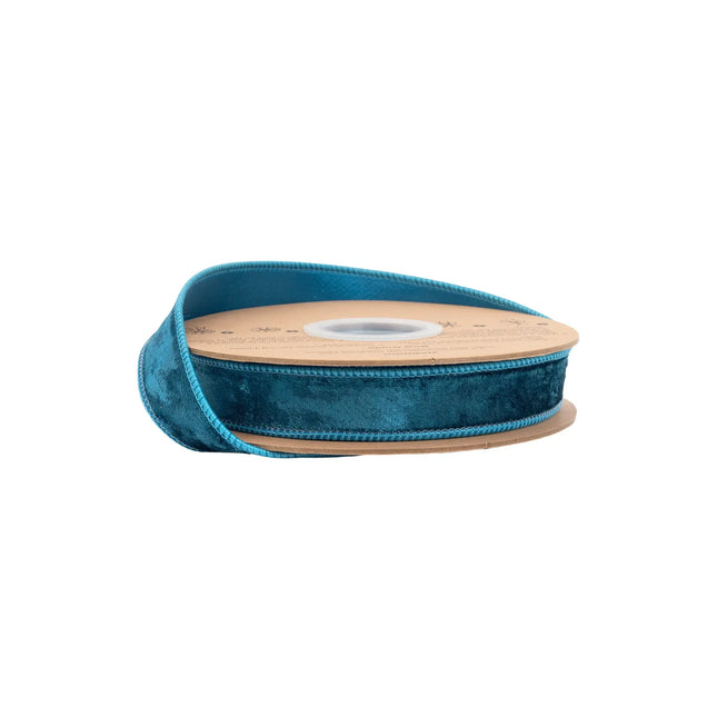 1" wired heritage velvet ribbon in rich teal, ideal for elegant gift wrapping and timeless decor accents.