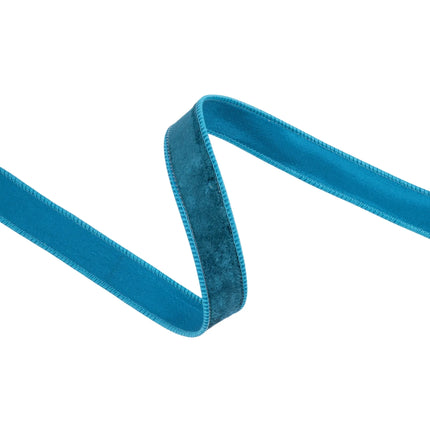 1" teal heritage velvet ribbon with sturdy wired trim, great for adding bold texture to gifts and decor.