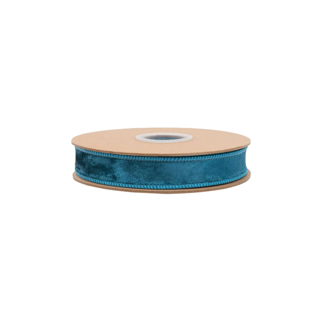 Premium teal velvet wired ribbon, 1-inch width, featuring classic heritage texture for versatile crafting.
