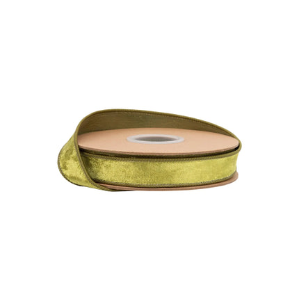 1" wired heritage velvet ribbon in rich willow green, ideal for gift wrapping and natural-themed decor accents.
