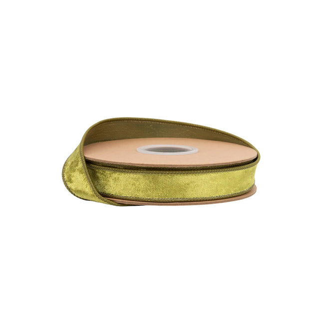 1" wired heritage velvet ribbon in rich willow green, ideal for gift wrapping and natural-themed decor accents.