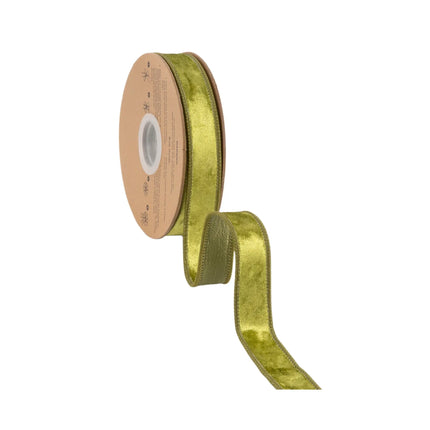 Luxurious willow green wired velvet ribbon, 1" wide, offering a soft, earthy tone for versatile seasonal use.