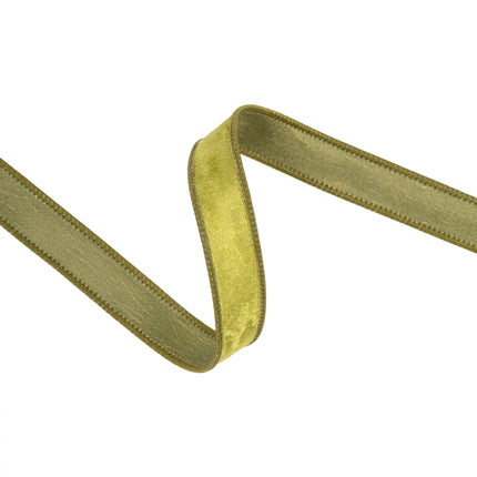 1" willow green heritage velvet ribbon with sturdy wired trim, great for adding subtle texture to gifts and decor.