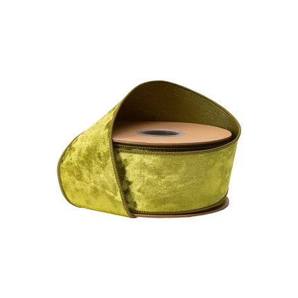 2 1/2" wired heritage velvet ribbon in rich willow green, ideal for gift wrapping and decor accents.