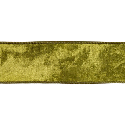 2 1/2" willow green heritage velvet ribbon with sturdy wired trim, great for adding natural warmth to gifts and decor.