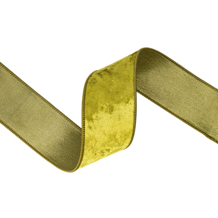 Luxurious willow green wired velvet ribbon, 2.5" wide, offering a soft earthy finish for versatile projects.