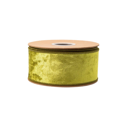 Premium willow green velvet wired ribbon, 2.5-inch width, with plush texture for structured bows and crafts.