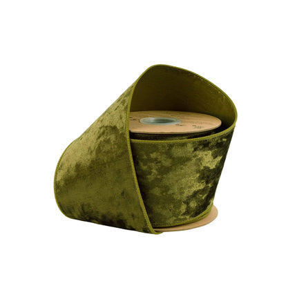 4" wired heritage velvet ribbon in muted moss green, ideal for rustic gift wrapping and earthy decor accents.