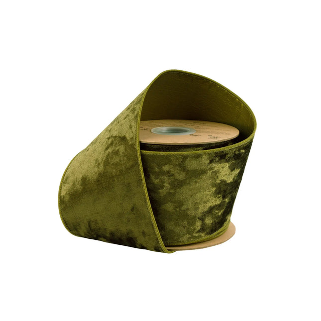 4" wired heritage velvet ribbon in muted moss green, ideal for rustic gift wrapping and earthy decor accents.