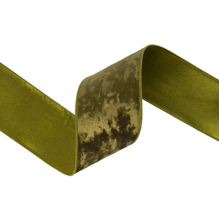 Luxurious moss green wired velvet ribbon, 4" wide, offering a rich velvety finish for warm seasonal projects.