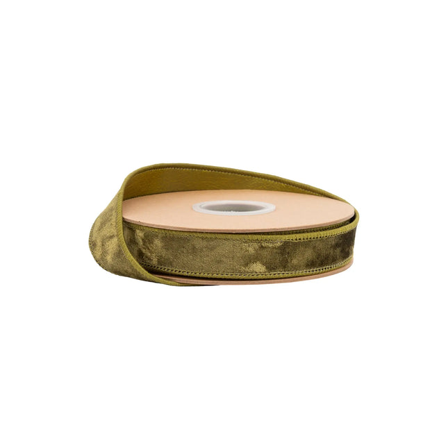 1" wired heritage velvet ribbon in soft moss green, ideal for rustic gift wrapping and natural decor accents.