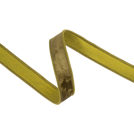 1" moss green heritage velvet ribbon with sturdy wired trim, great for adding subtle texture to gifts and decor.