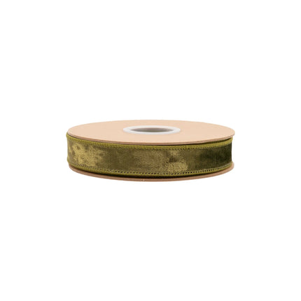 Premium moss green velvet wired ribbon, 1-inch width, with classic plush texture for timeless crafting projects.
