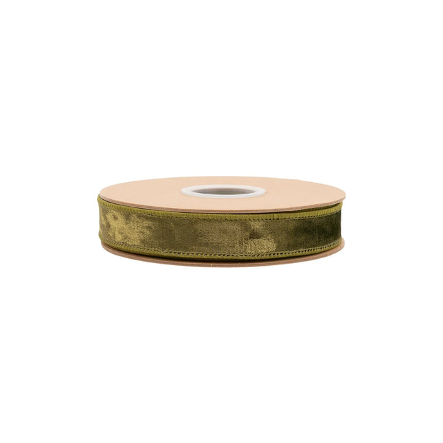 Premium moss green velvet wired ribbon, 1-inch width, with classic plush texture for timeless crafting projects.