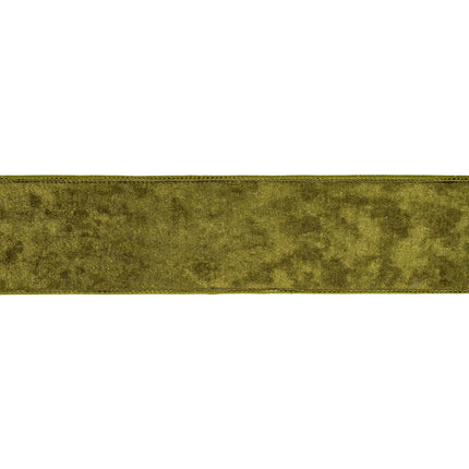 2 1/2" moss green heritage velvet ribbon with sturdy wired trim, great for adding warm, organic charm to gifts and decor.
