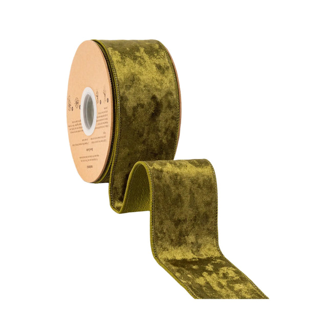Premium moss green velvet wired ribbon, 2.5-inch width, with plush texture for structured bows and crafts.