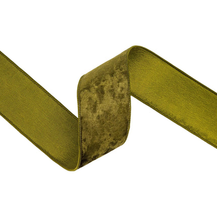 Luxurious moss green wired velvet ribbon, 2.5" wide, offering a rich, velvety finish for versatile seasonal projects.