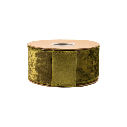 2 1/2-inch moss green heritage velvet ribbon with wired edges, perfect for wreaths and arrangements.
