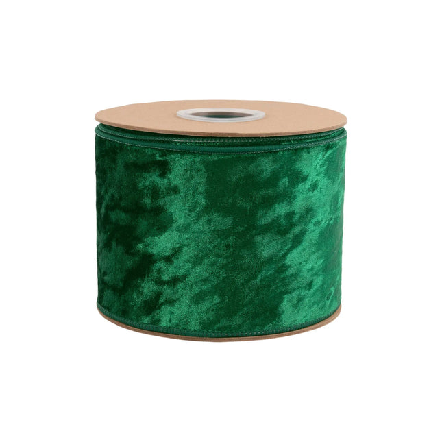 Premium hunter green velvet wired ribbon, 4-inch width, with plush texture for oversized bows