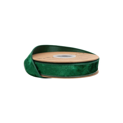 1" wired heritage velvet ribbon in deep hunter green, perfect for holiday gift wrapping and rustic decor accents.