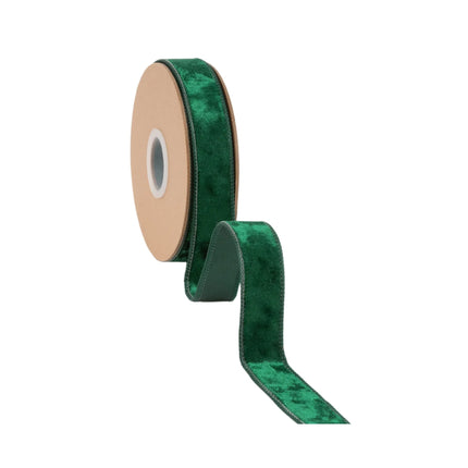 Luxurious hunter green wired velvet ribbon, 1" wide, offering a rich, velvety finish for versatile festive use.