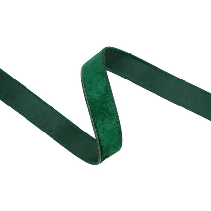 1" hunter green heritage velvet ribbon with sturdy wired trim, great for adding bold color to gifts and decor.