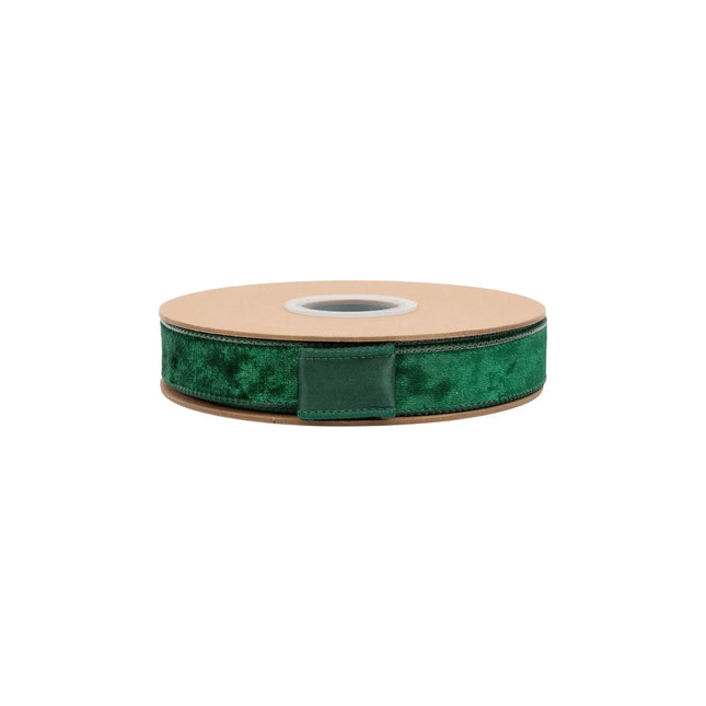 Premium hunter green velvet wired ribbon, 1-inch width, with classic plush texture for timeless crafting projects.