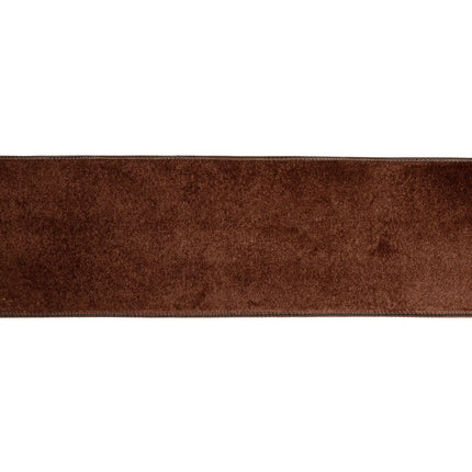 4" brown heritage velvet ribbon with sturdy wired trim, great for adding bold, warm charm to gifts and decor.