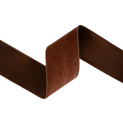 Luxurious brown wired velvet ribbon, 4" wide, offering a deep, velvety finish for cozy, earthy projects.